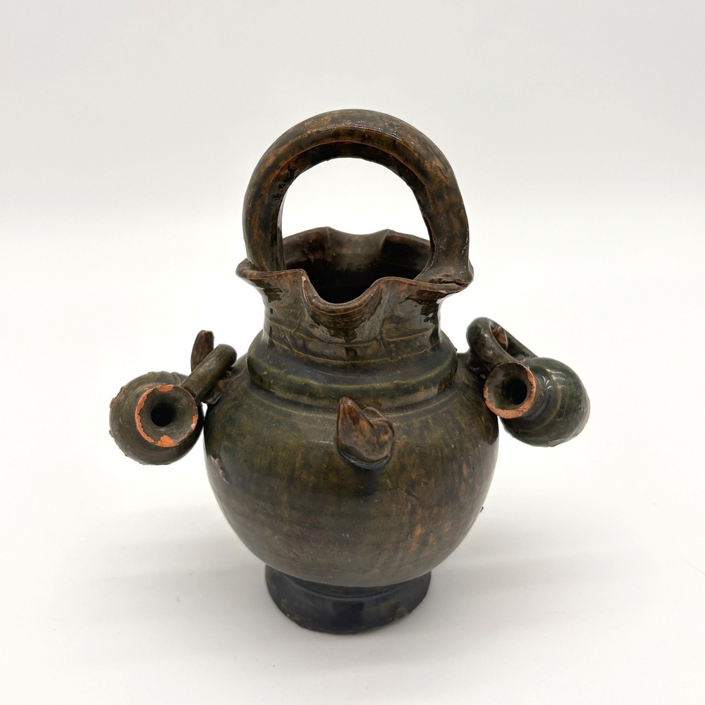 Rustic Folk Art Green Glazed Pottery Pitcher with Miniature Hanging Jugs Set